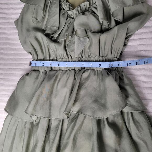 Elliatt XS Sage Green Ruffle Tiered Maxi Dress Asymmetrical Hem Boho Formal - Picture 7 of 11